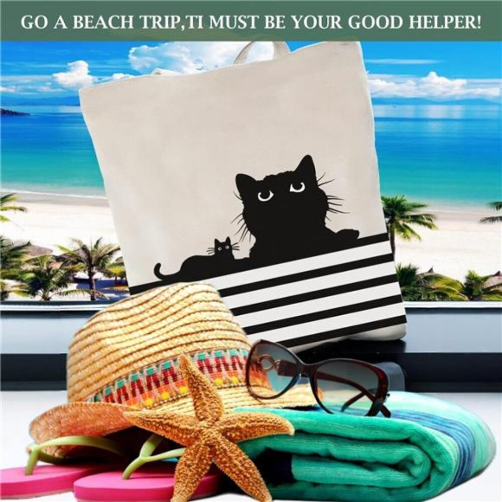 Canvas Tote Bag for Women Aesthetic Cute Cat Shopping Grocery Reusable Bag - Picture 4 of 6
